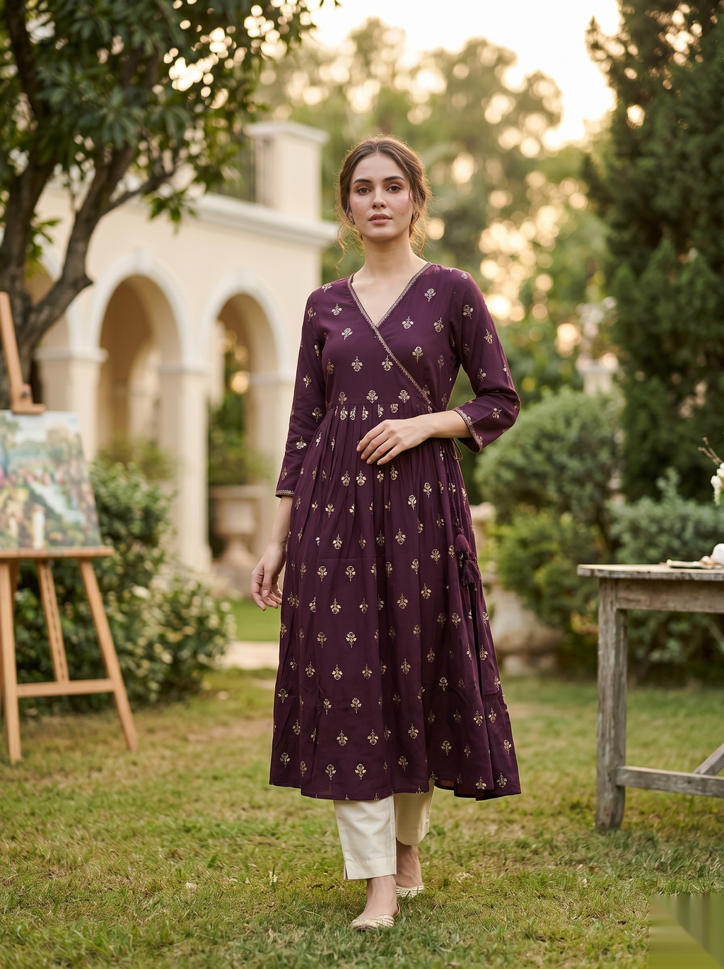 Cross Design Umberlla Kurti - Voilet