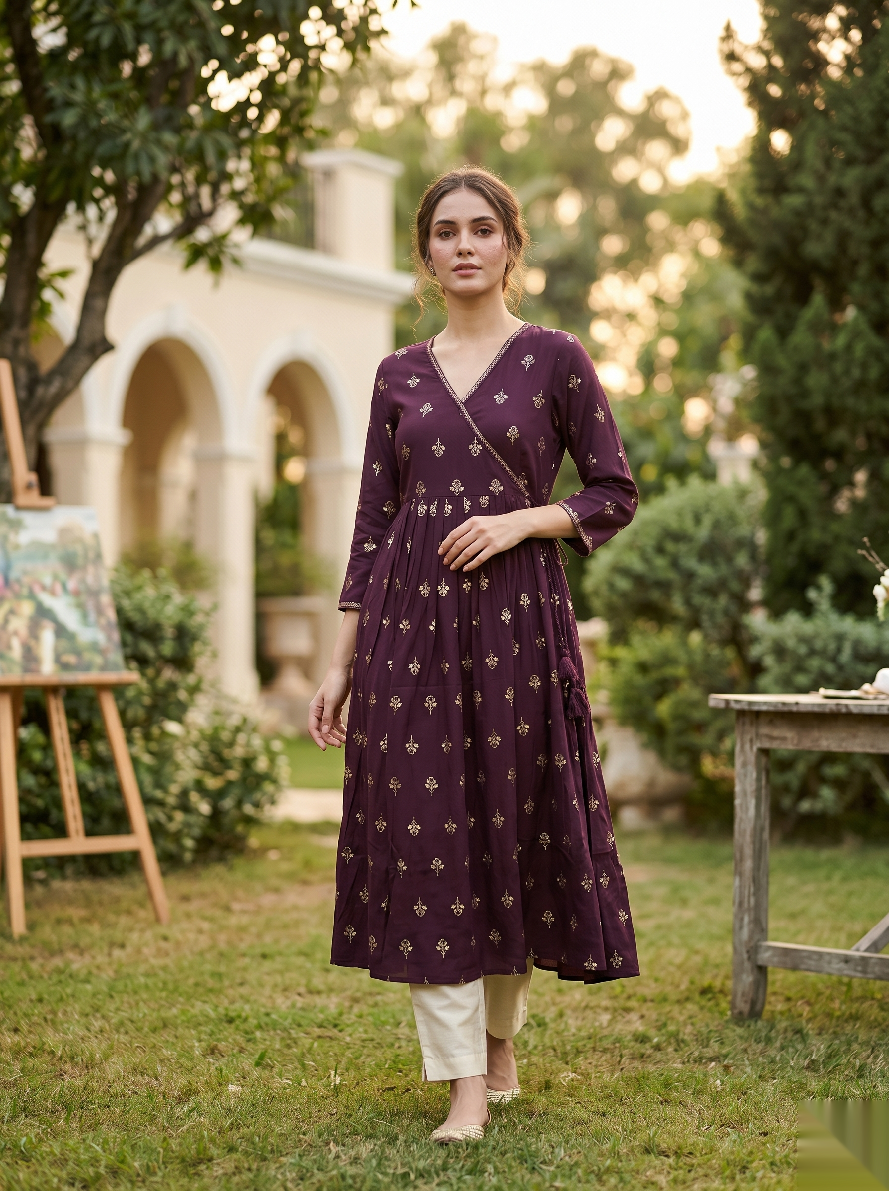Cross Design Umberlla Kurti - Voilet