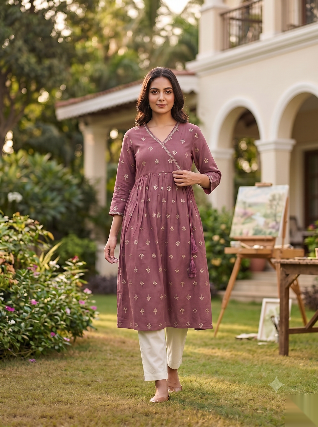 Cross Design Umberlla Kurti - Dull Pink