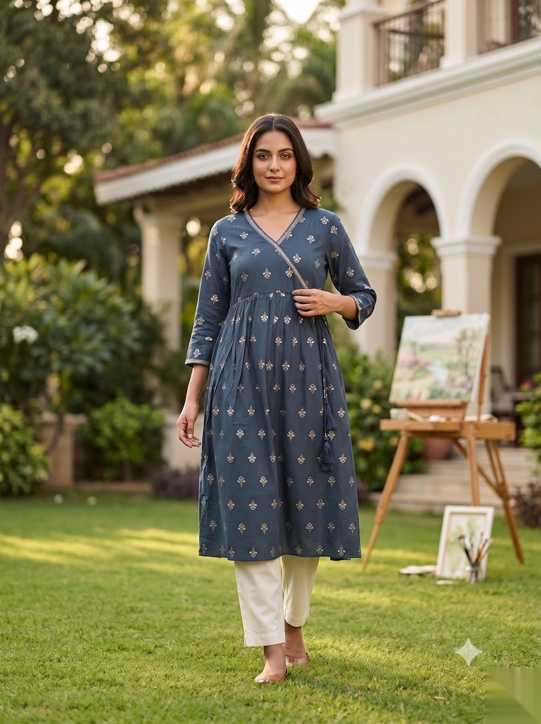 Cross Design Umberlla Kurti - Grey