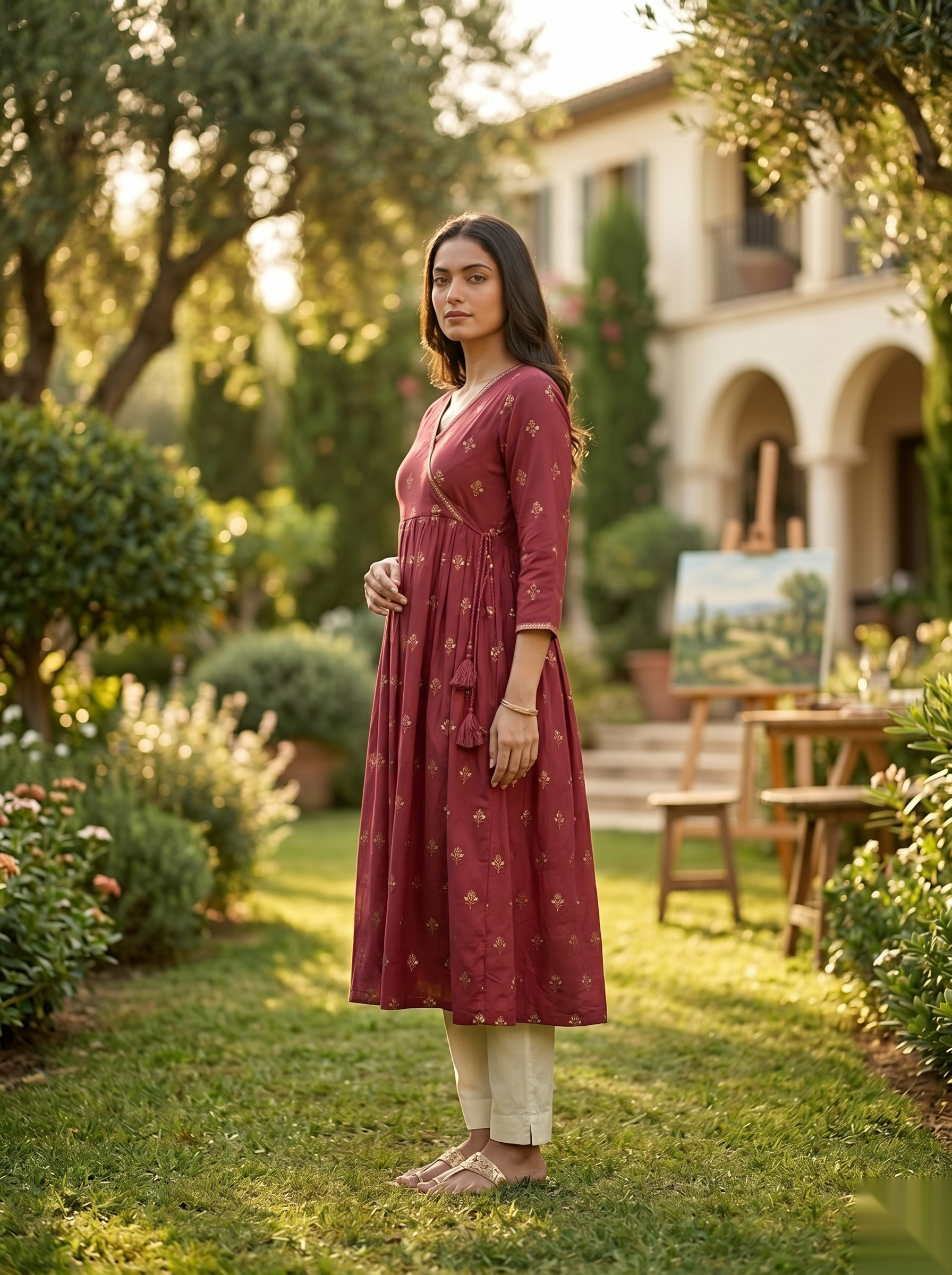 Cross Design Umberlla Kurti - Dark Red