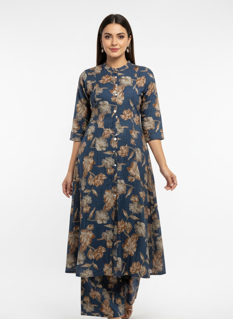 Blue - Brown Printed Chudidhar 2PC Palzo Cord Set