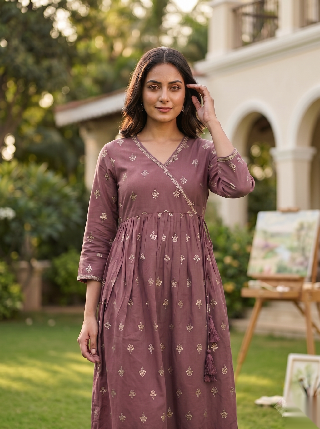Cross Design Umberlla Kurti - Dull Pink