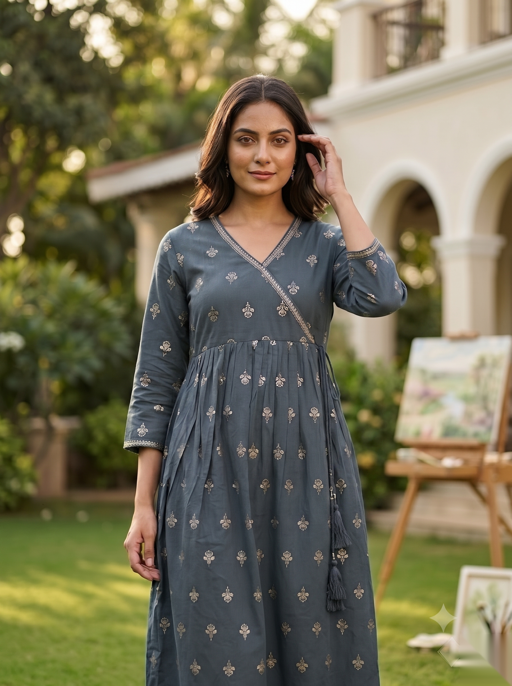 Cross Design Umberlla Kurti - Grey