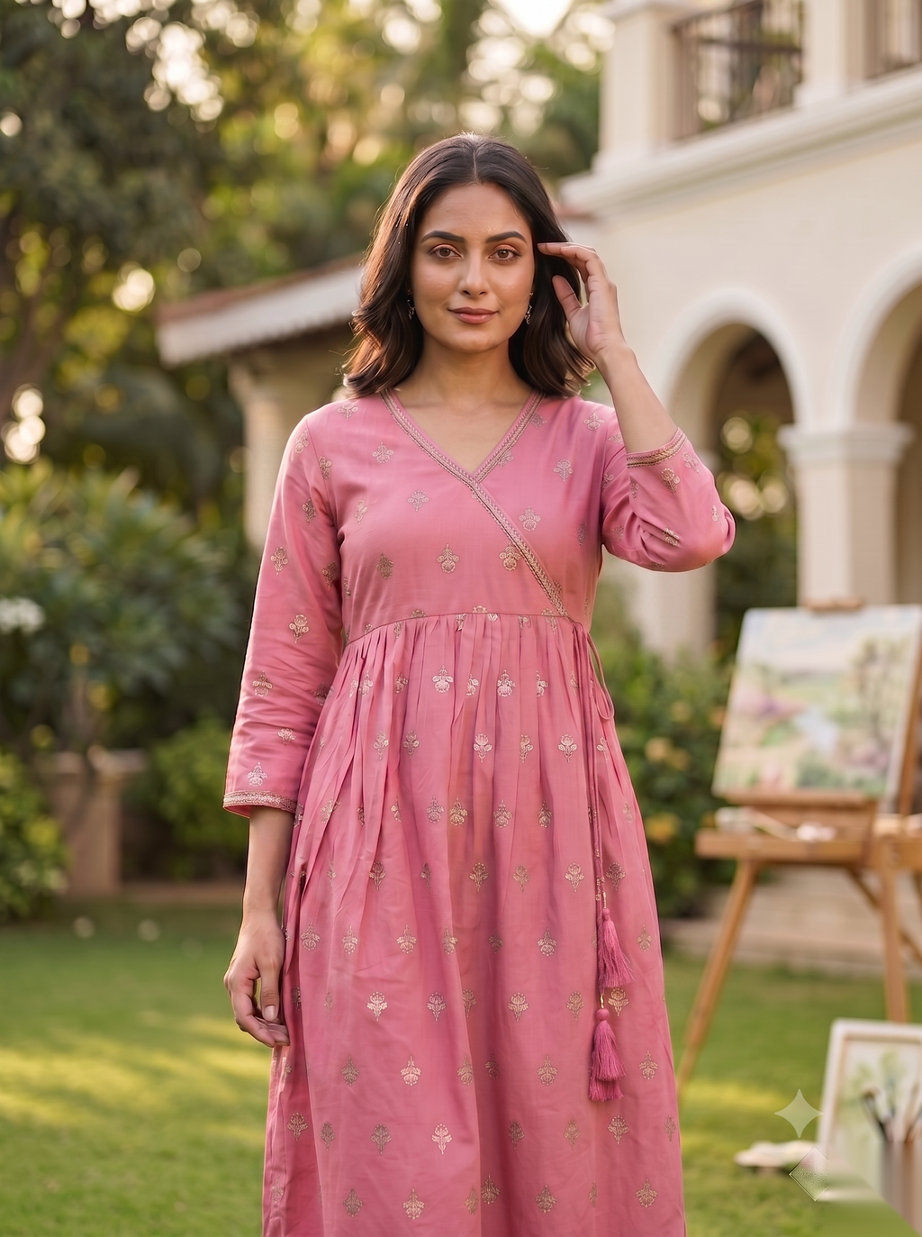 Cross Design Umberlla Kurti - Pink