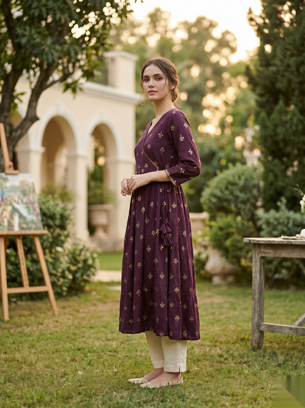 Cross Design Umberlla Kurti - Voilet