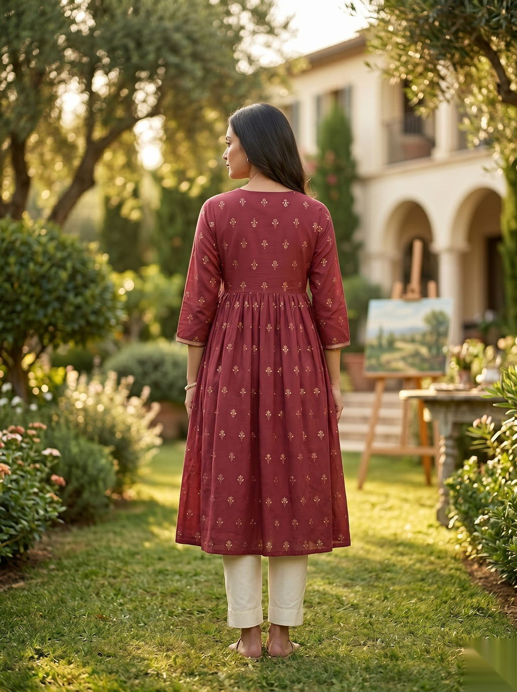 Cross Design Umberlla Kurti - Dark Red
