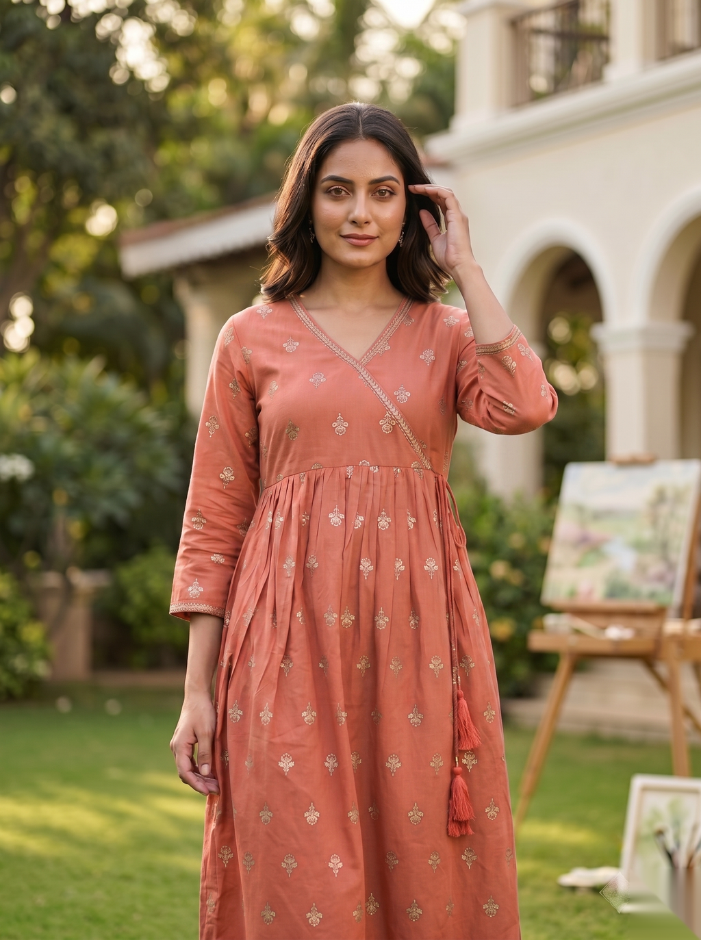 Cross Design Umberlla Kurti - Orange