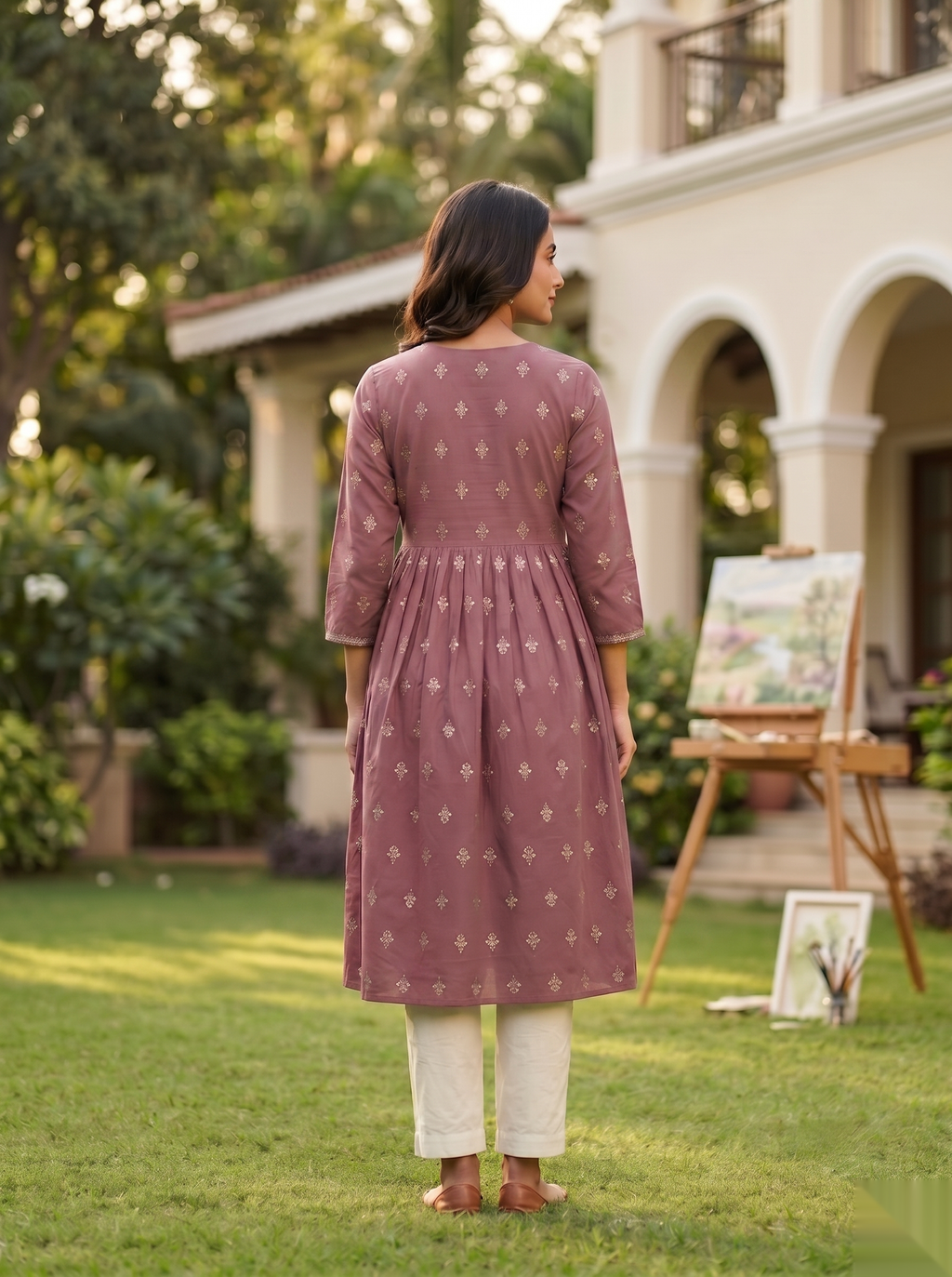 Cross Design Umberlla Kurti - Dull Pink