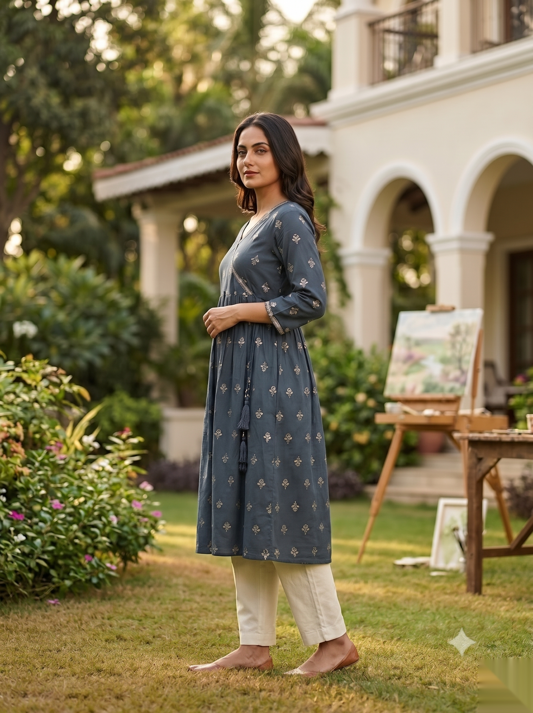 Cross Design Umberlla Kurti - Grey
