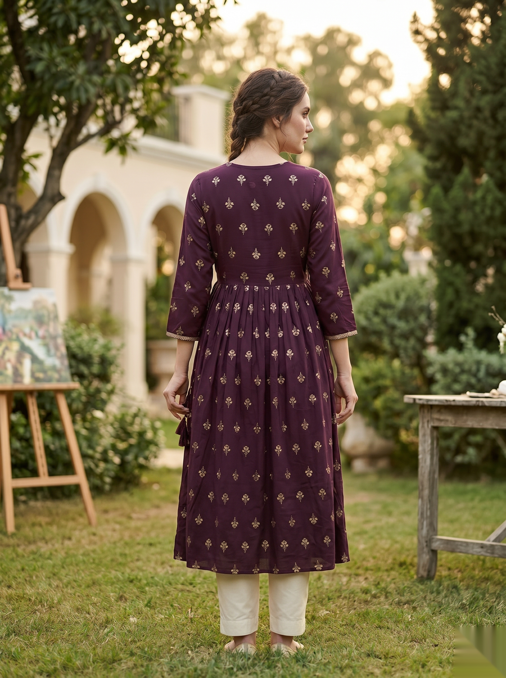 Cross Design Umberlla Kurti - Voilet