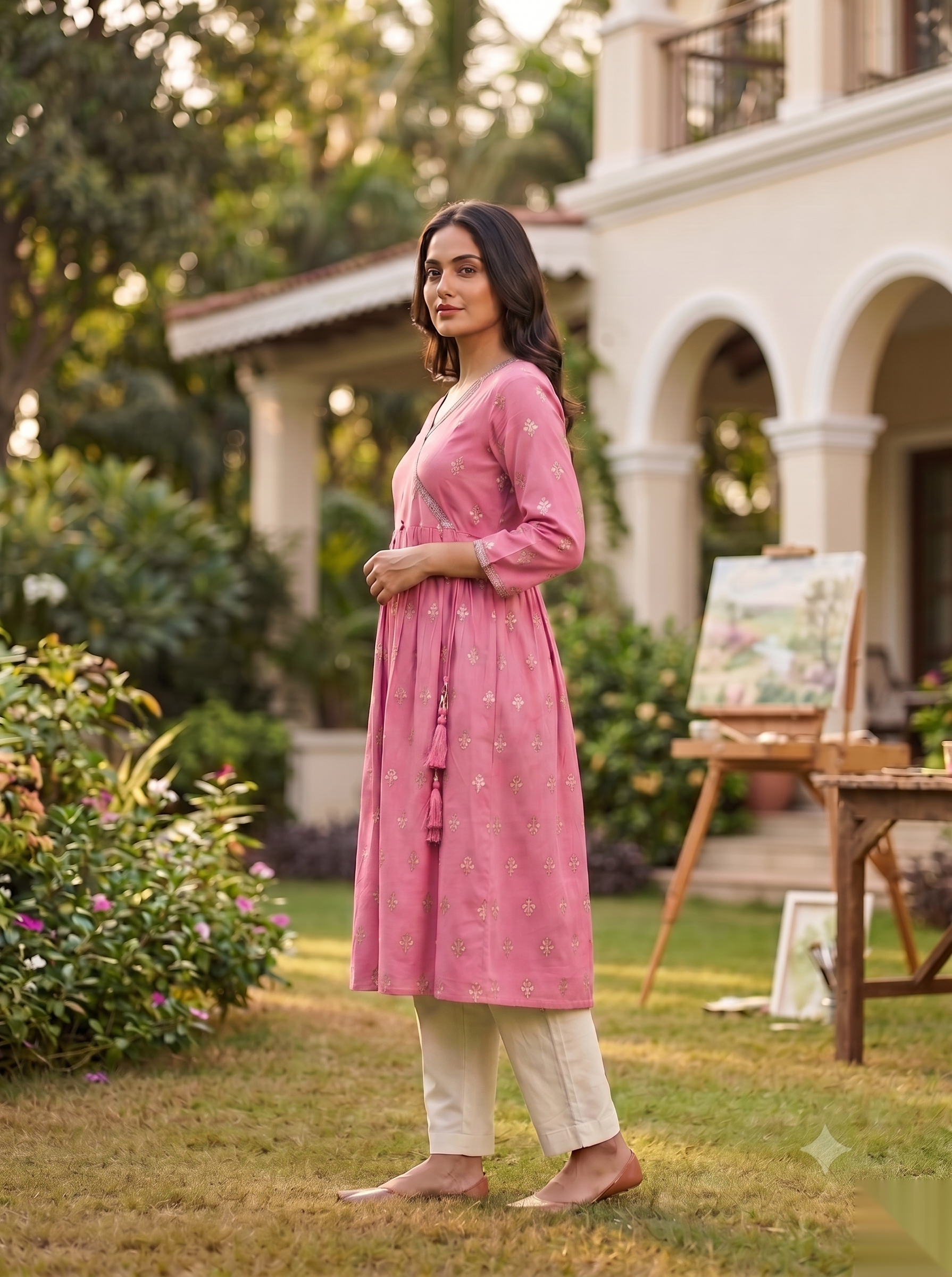 Cross Design Umberlla Kurti - Pink