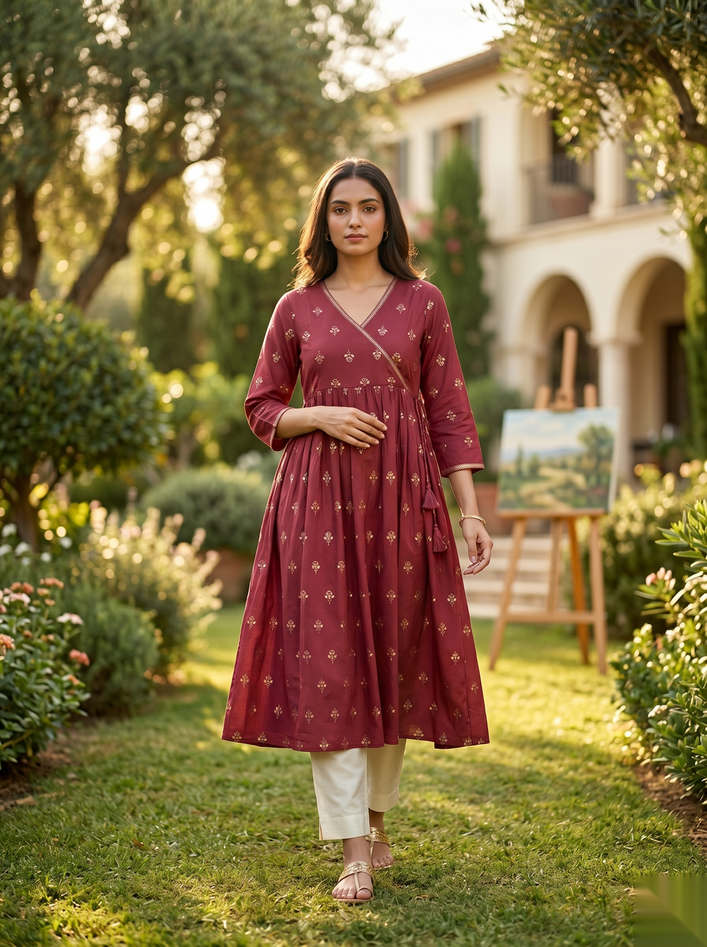 Cross Design Umberlla Kurti - Dark Red