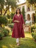 Cross Design Umberlla Kurti - Dark Red