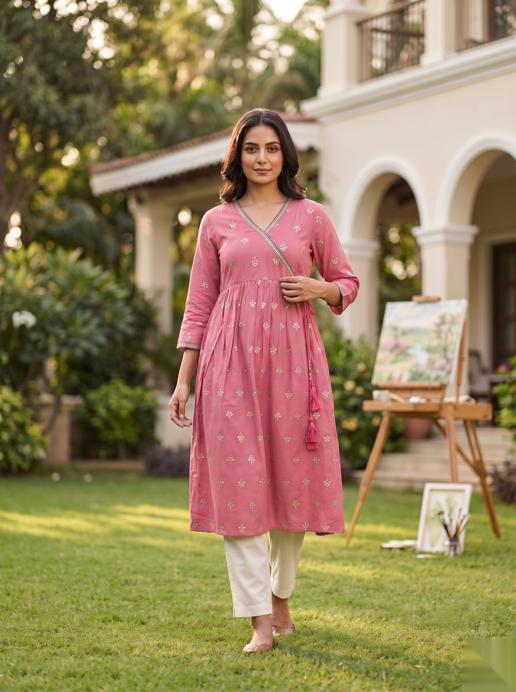 Cross Design Umberlla Kurti - Pink