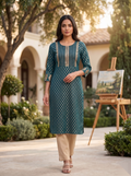 Golden Pattern kurti - Deep Green