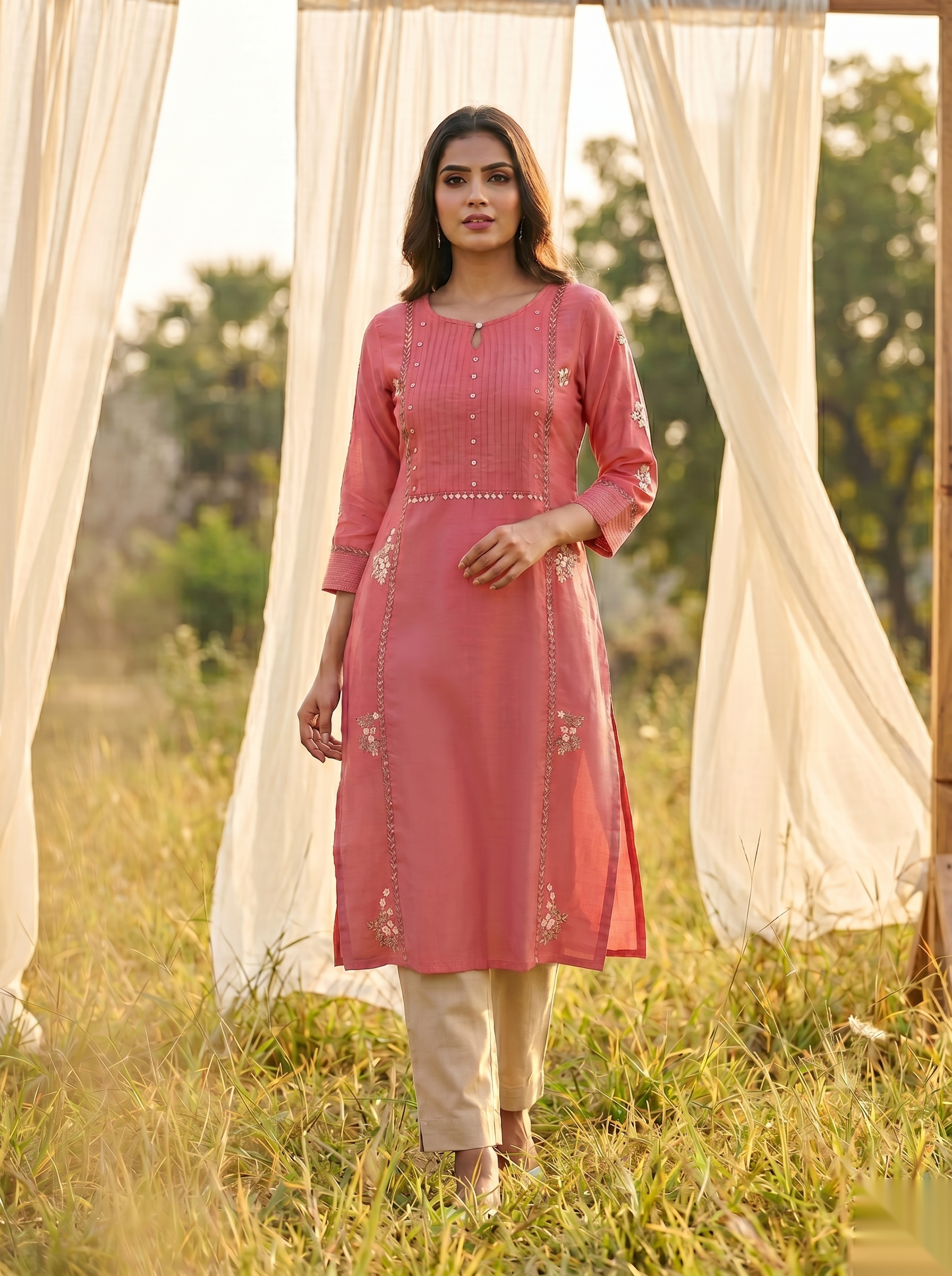 Floral Embroidered Kurti - Royal PInk