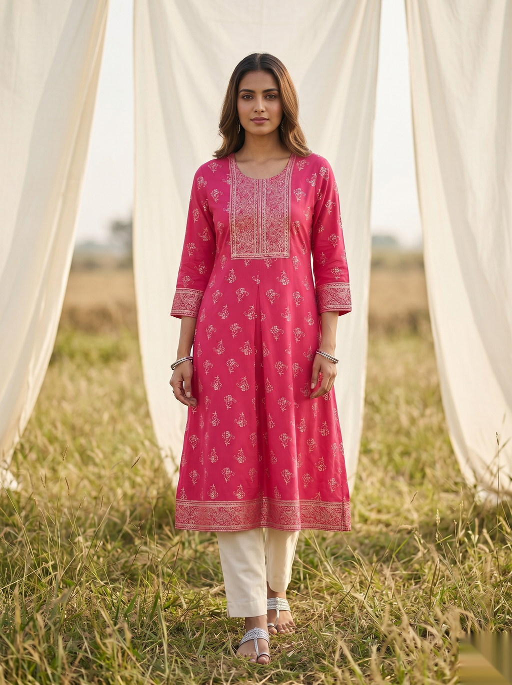 Elegent Umberlla kurti - Bright pink