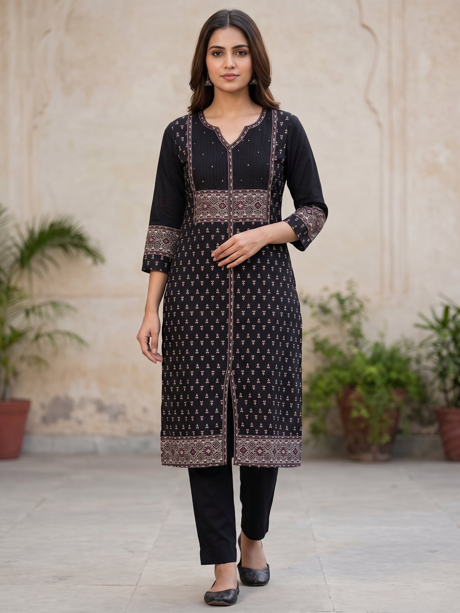 Black V Neck Brown Embriodery Kurti