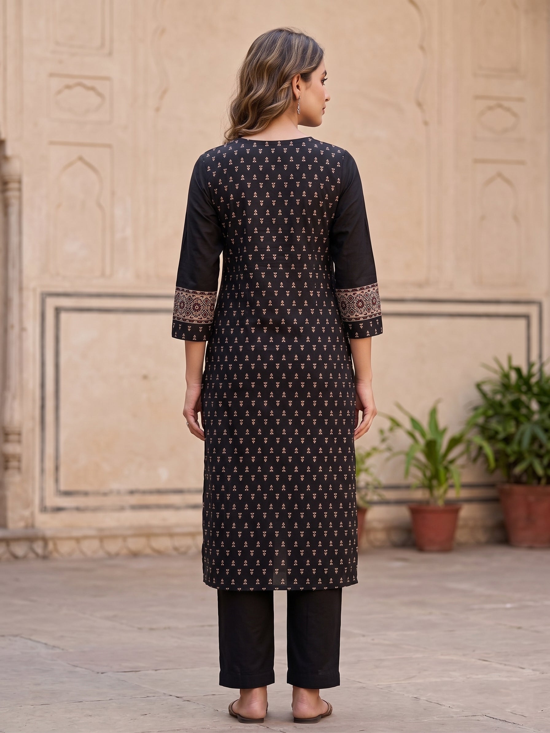 Black V Neck Brown Embriodery Kurti