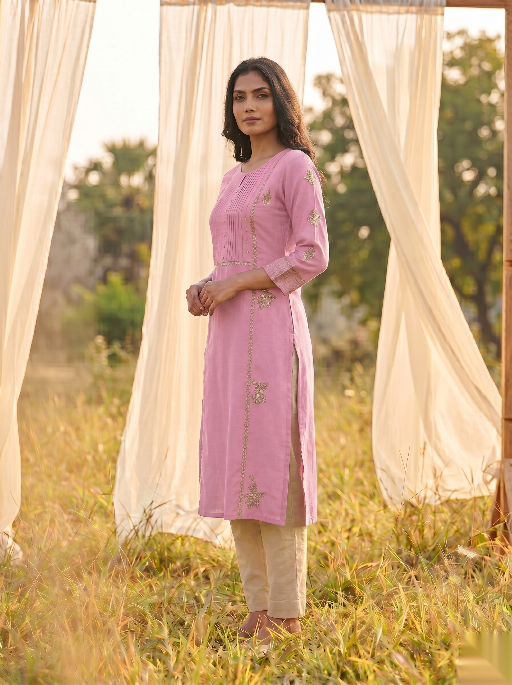 Floral Embroidered Kurti - Dark Pink