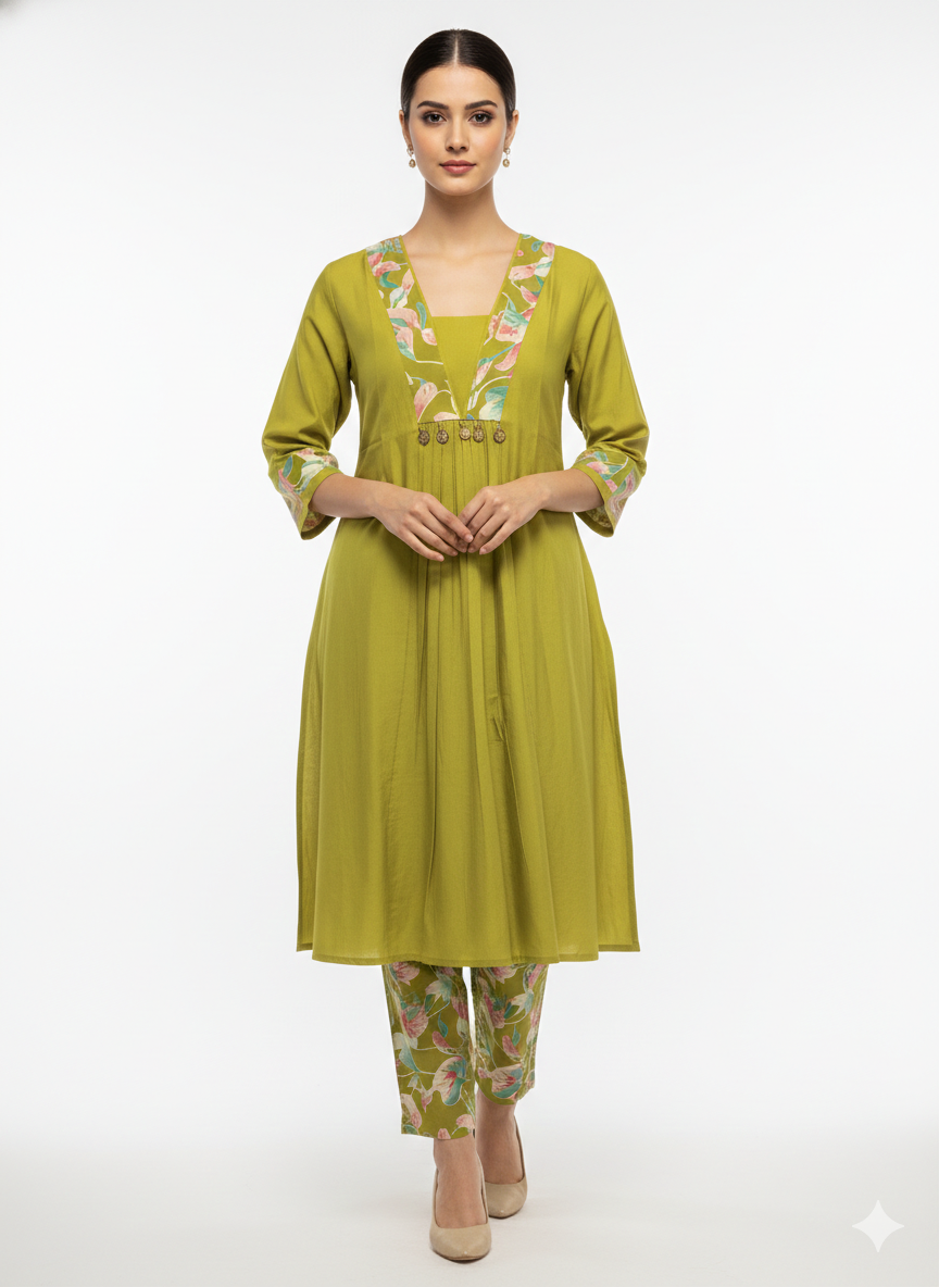 V- NECK GREEN DESIGNER KURTI