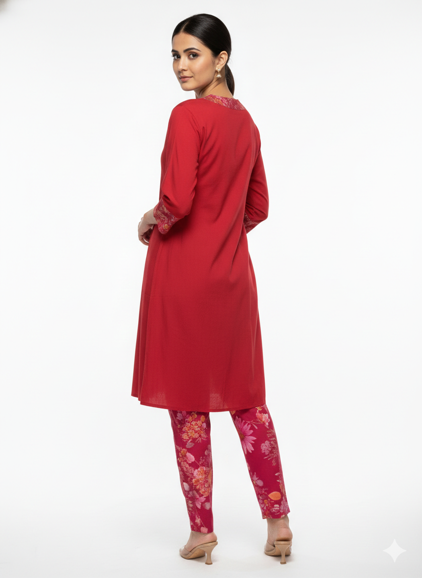 V- NECK RED DESIGNER KURTI