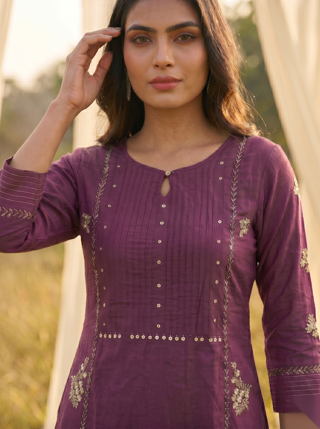 Floral Embroidered Kurti - Purple
