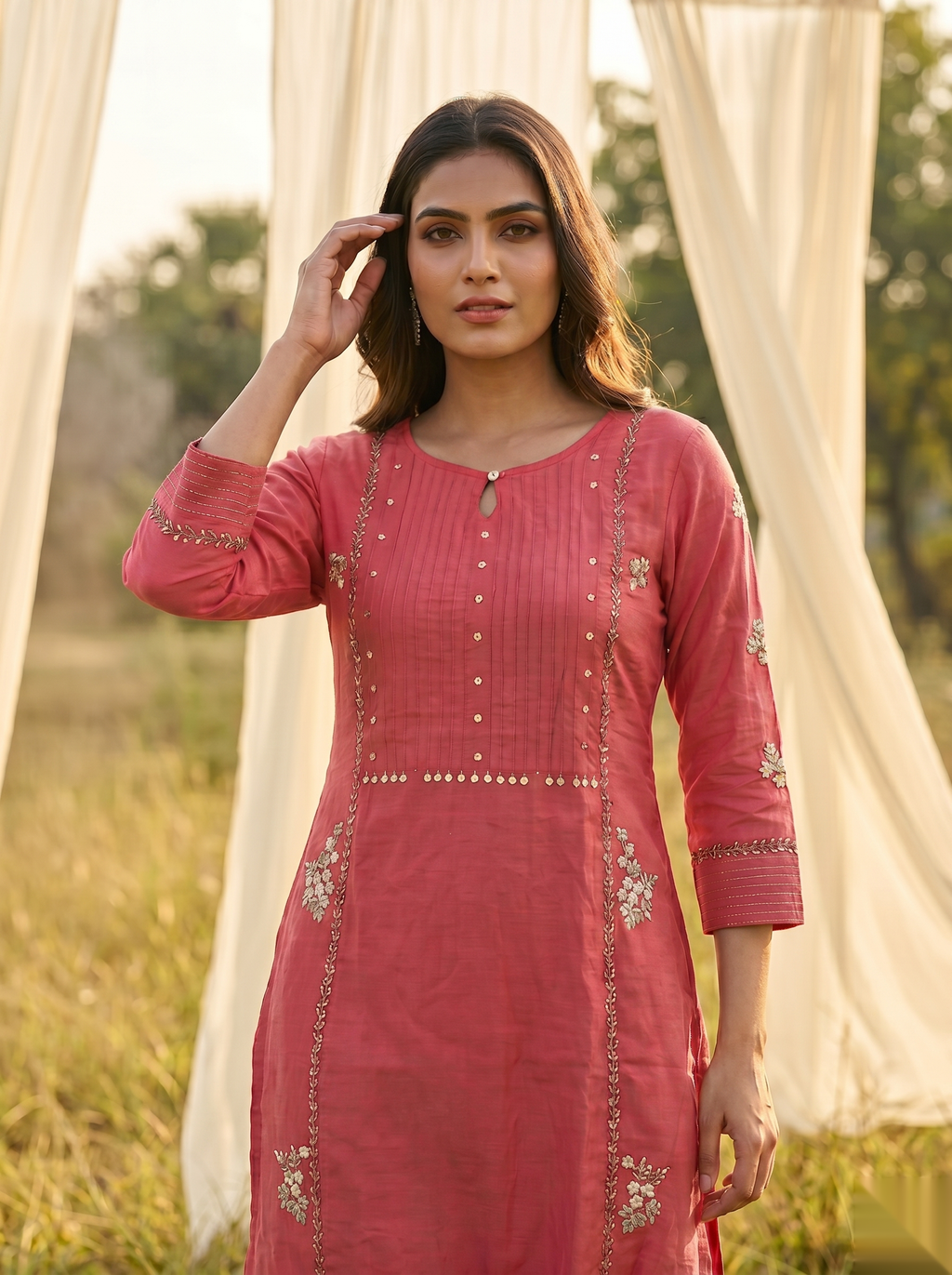 Floral Embroidered Kurti - Royal PInk