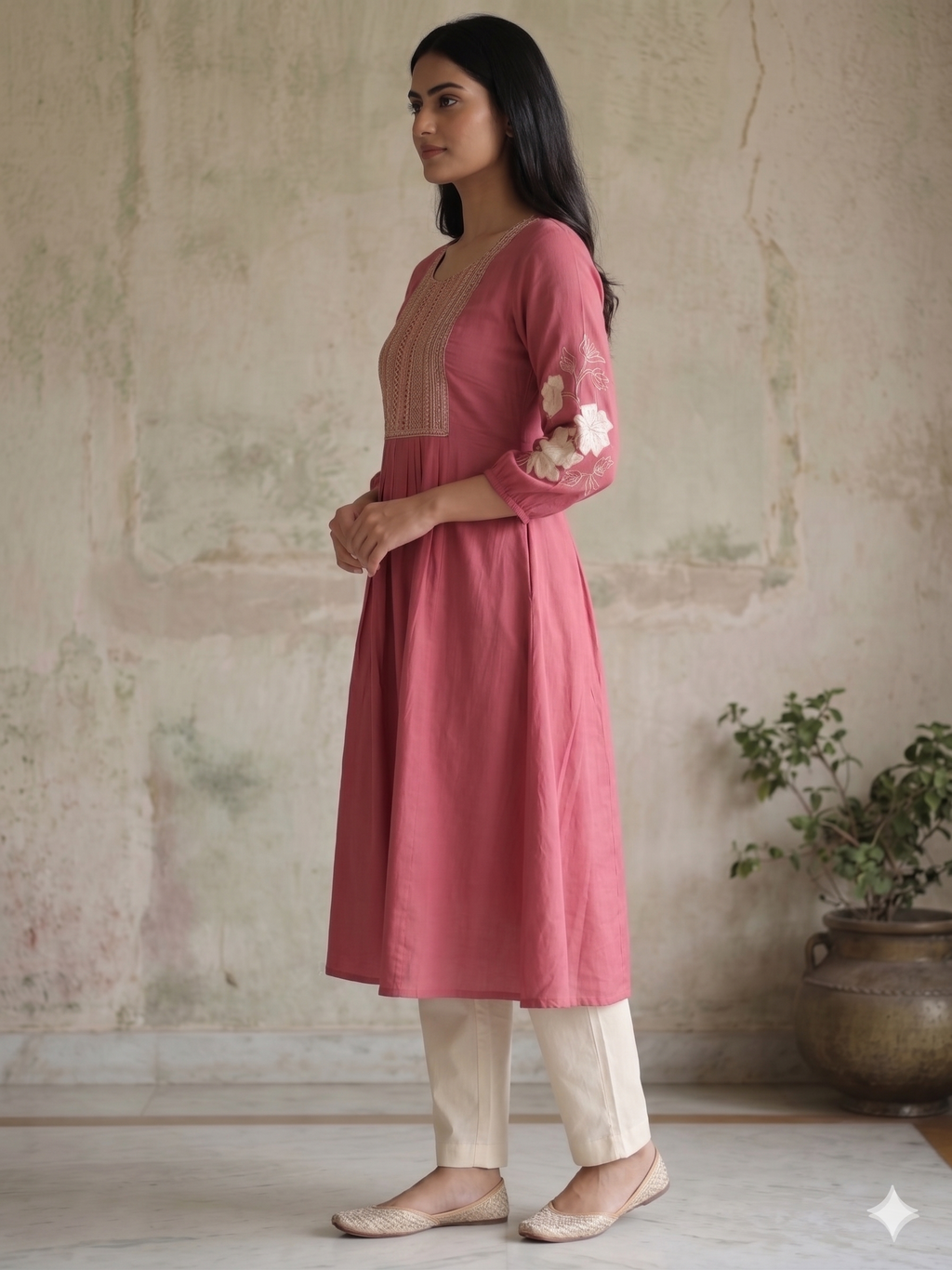 Dark Pink Hand Embroidery kurti