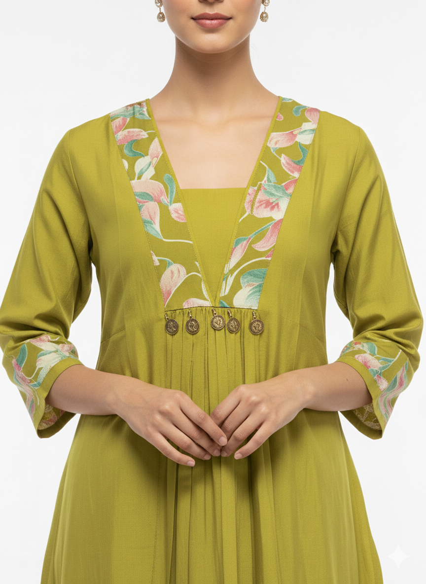 V- NECK GREEN DESIGNER KURTI