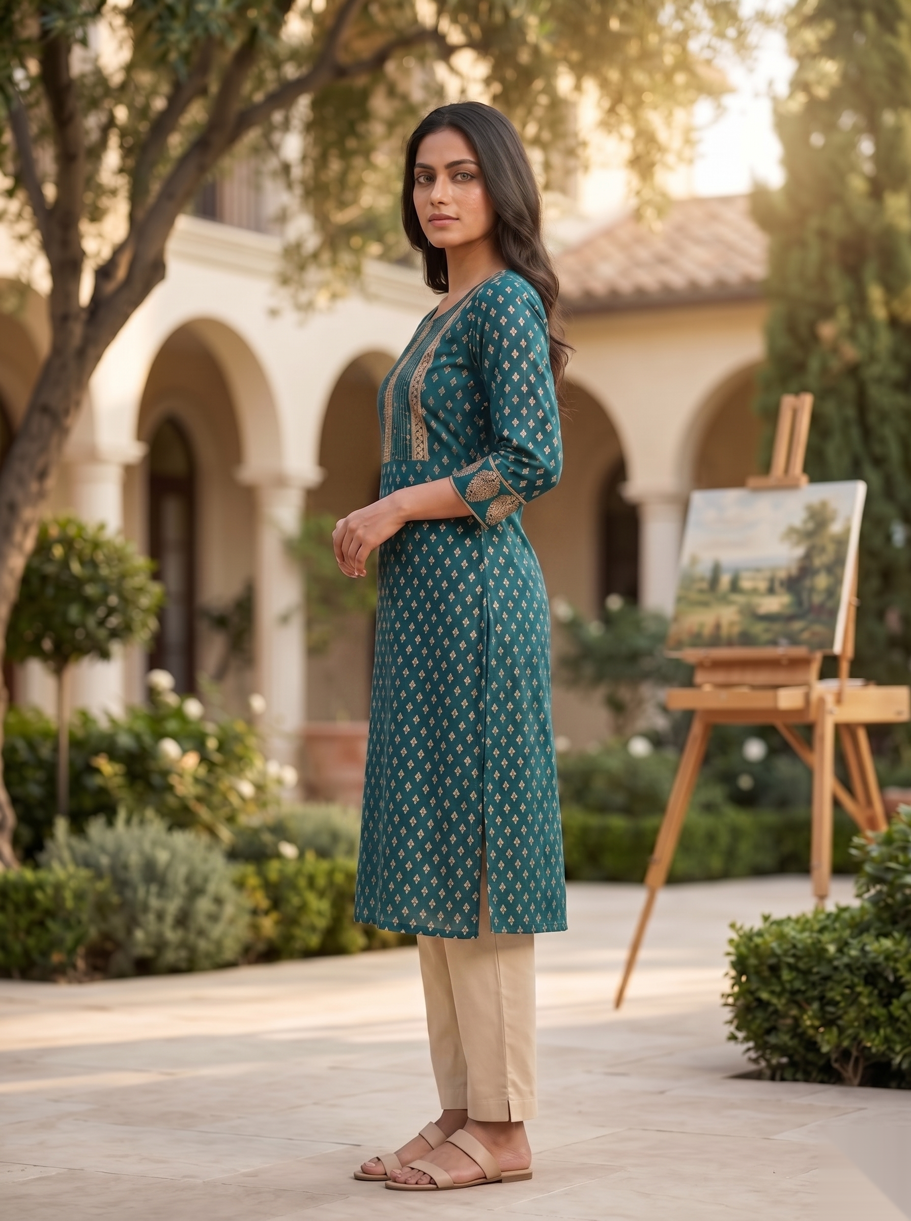 Golden Pattern kurti - Deep Green