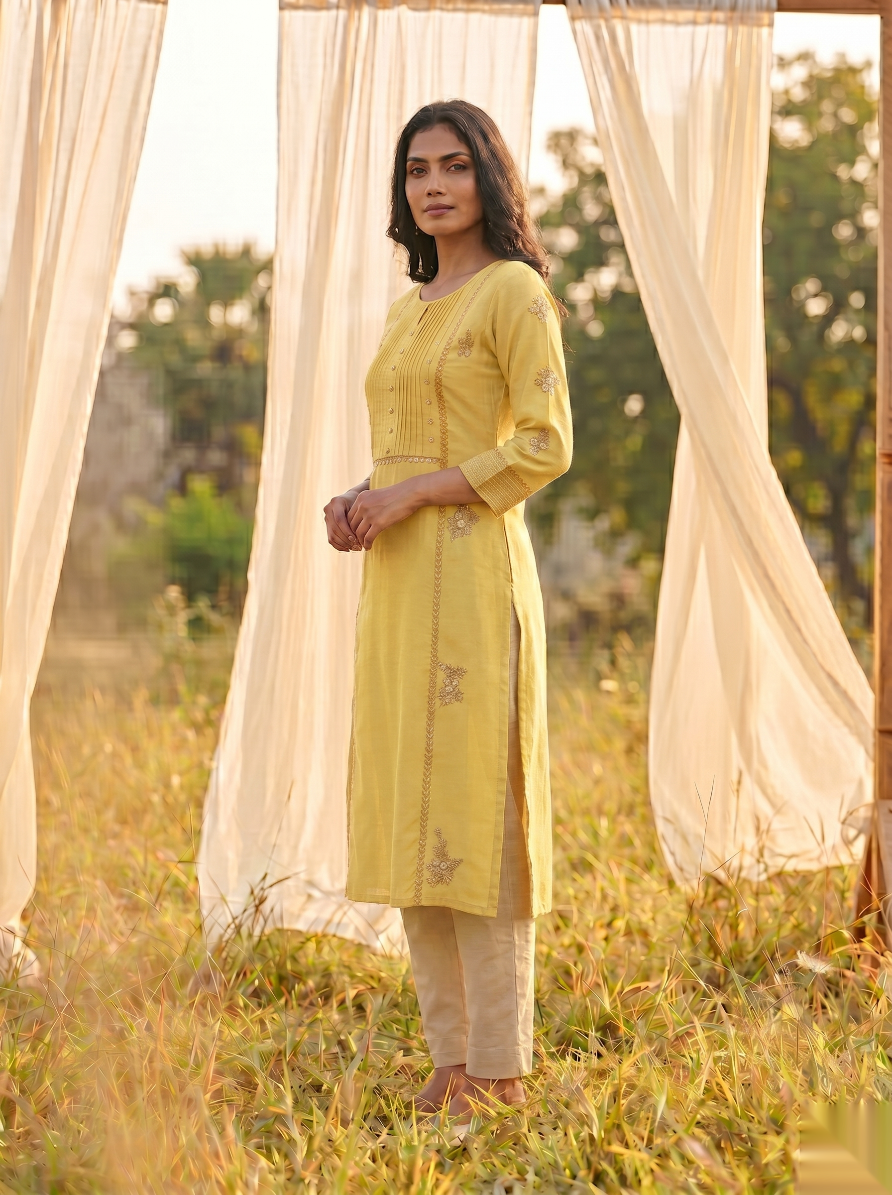 Floral Embroidered Kurti - Royal yellow