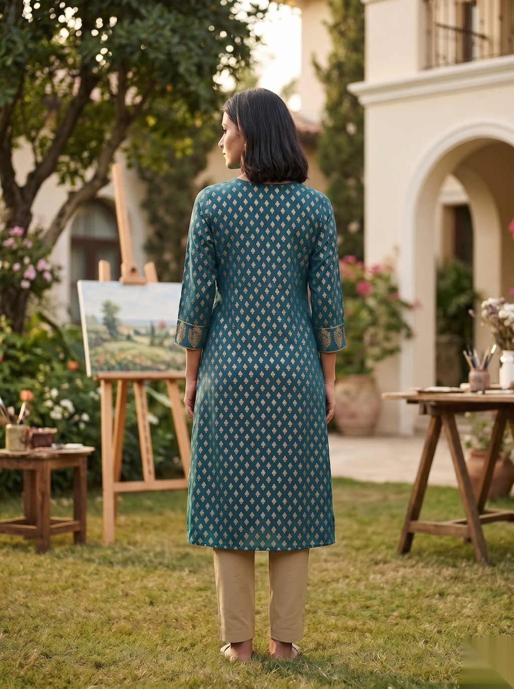 Golden Pattern kurti - Deep Green