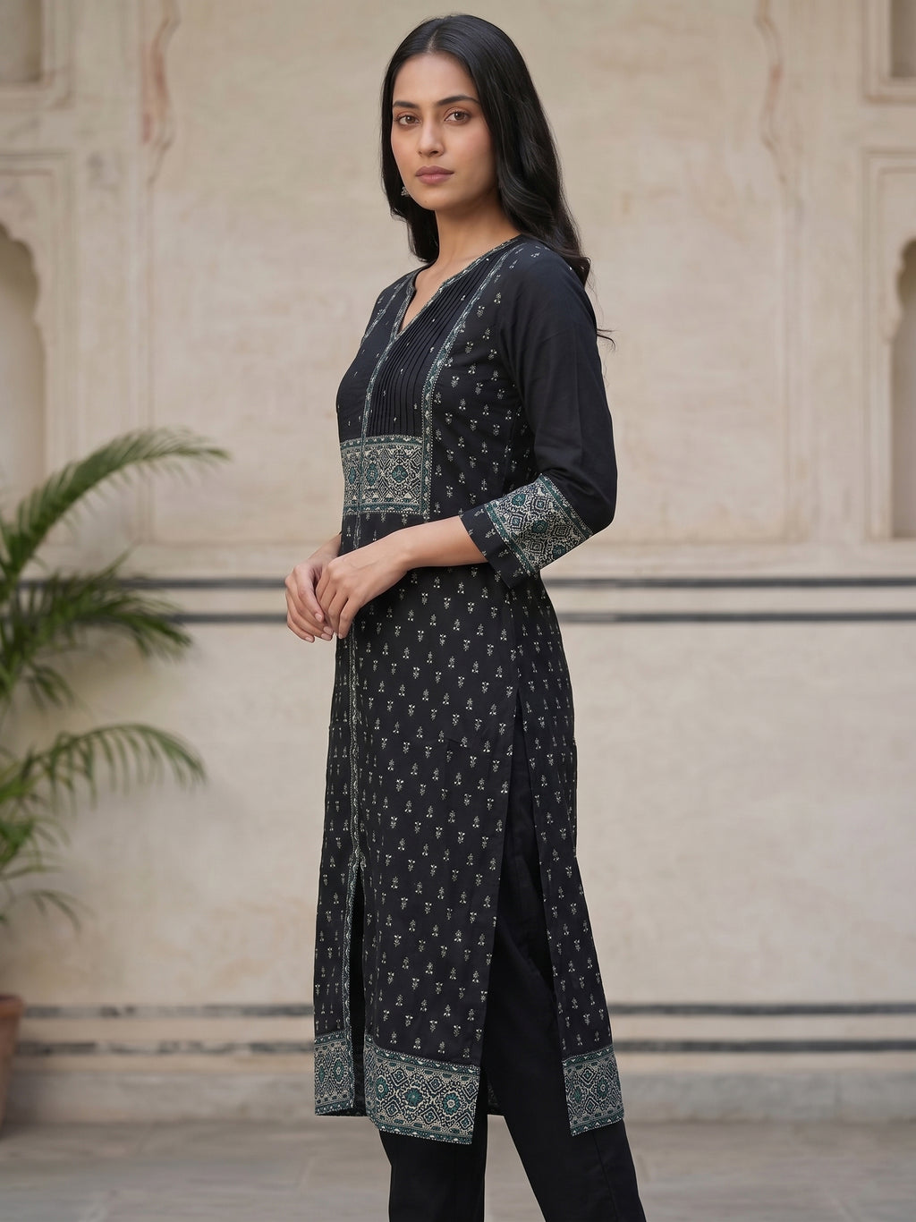 Black  V Neck white Embriodery Kurti