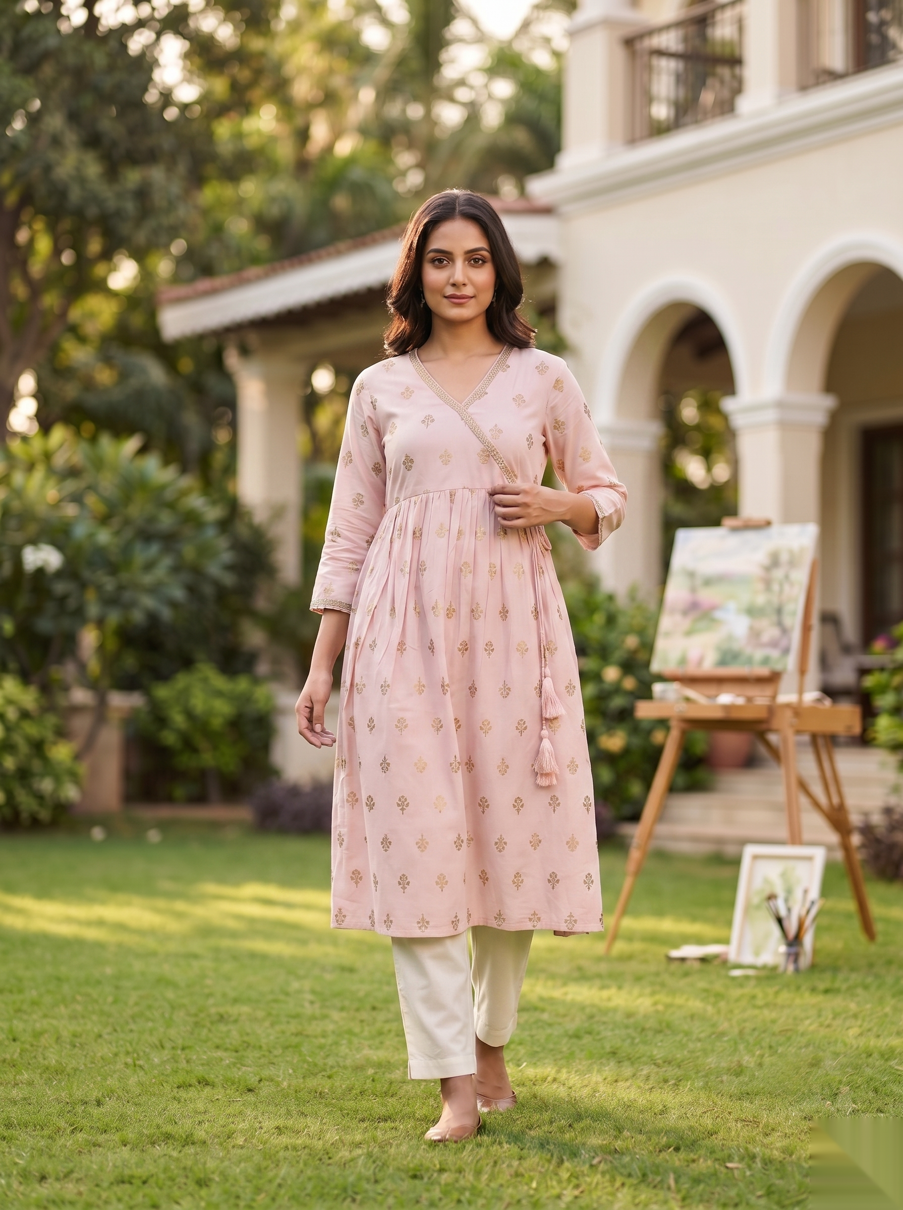 Cross Design Umberlla Kurti - Light pink