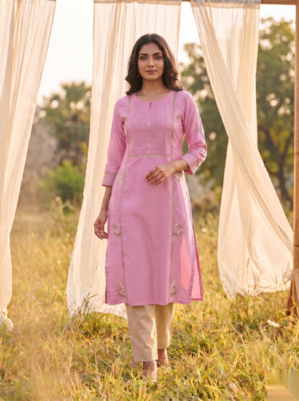 Floral Embroidered Kurti - Dark Pink