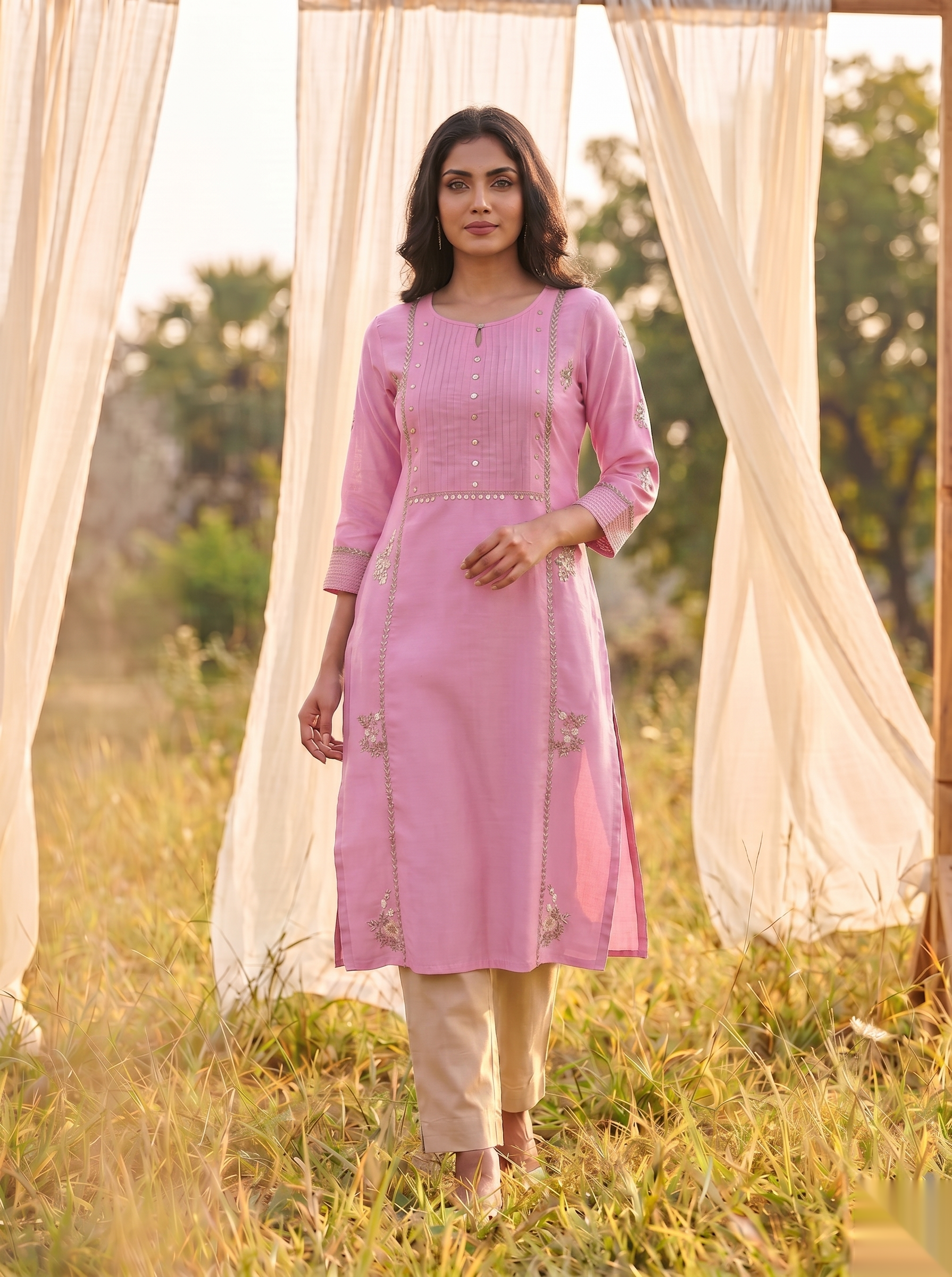 Floral Embroidered Kurti - Dark Pink