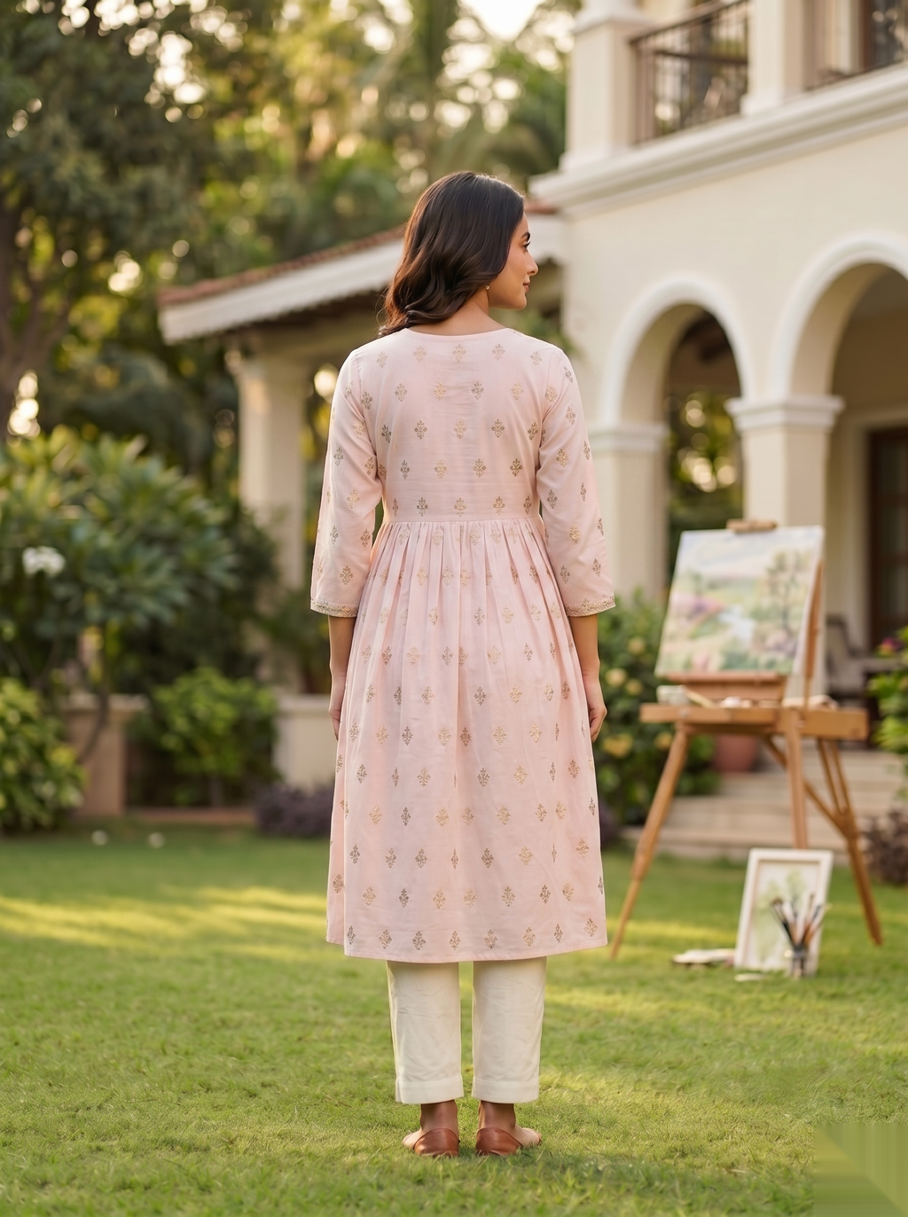 Cross Design Umberlla Kurti - Light pink