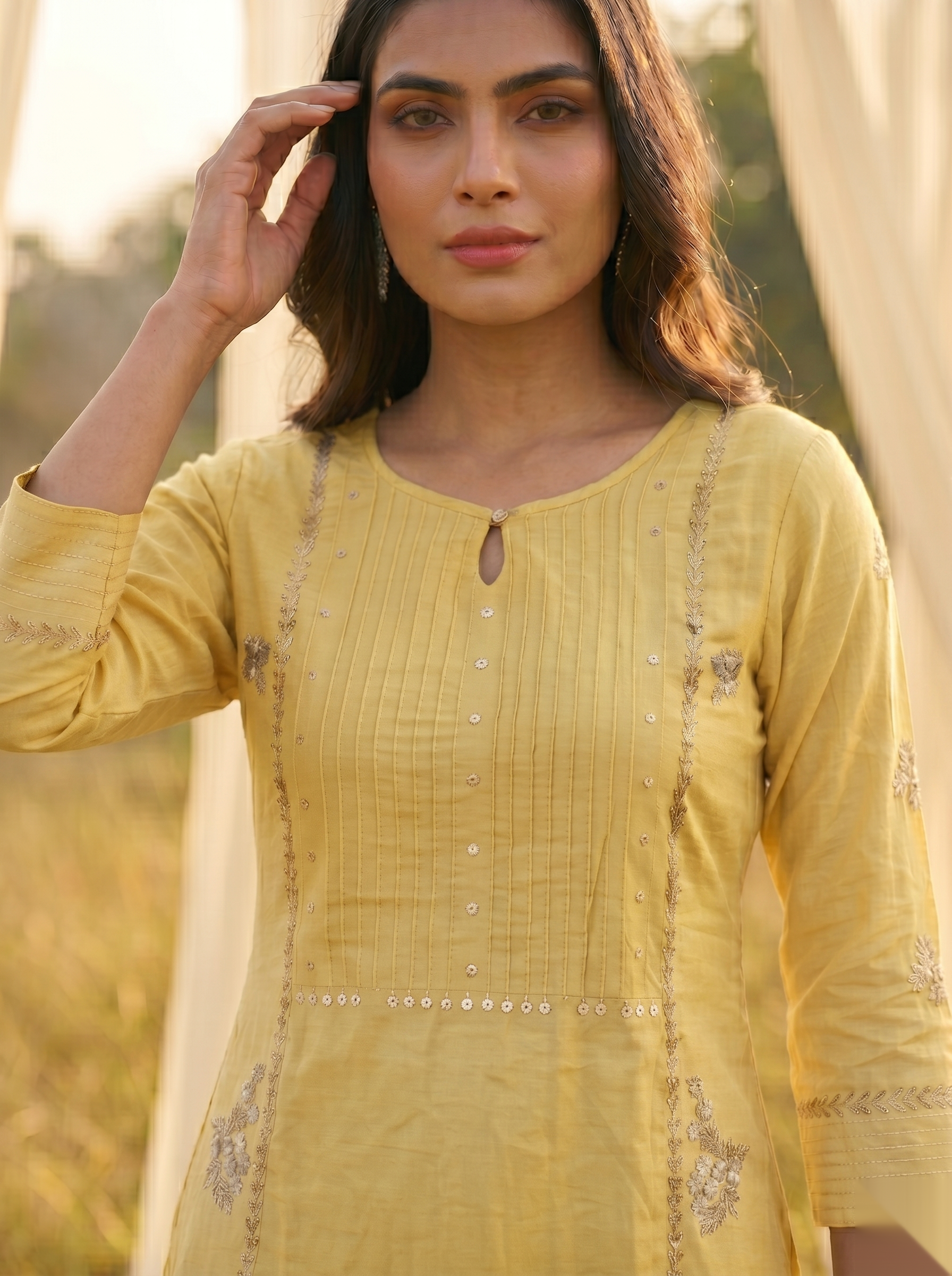 Floral Embroidered Kurti - Royal yellow