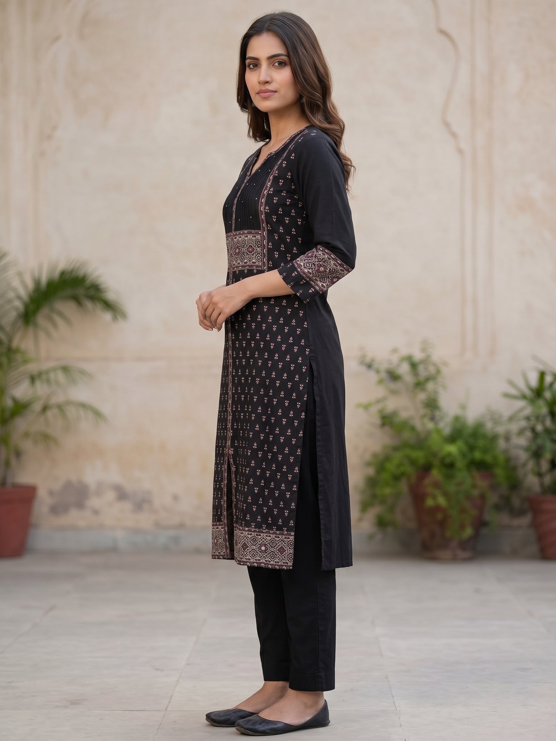 Black V Neck Brown Embriodery Kurti