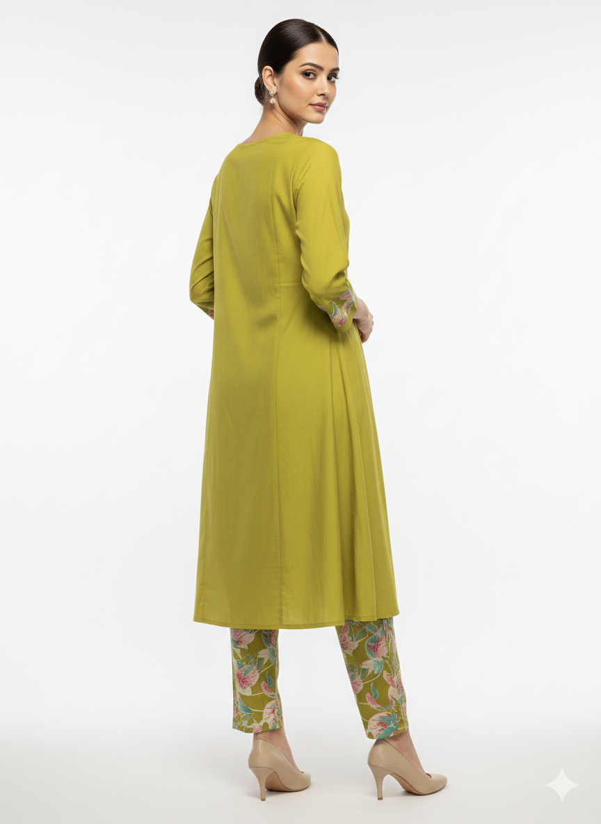 V- NECK GREEN DESIGNER KURTI