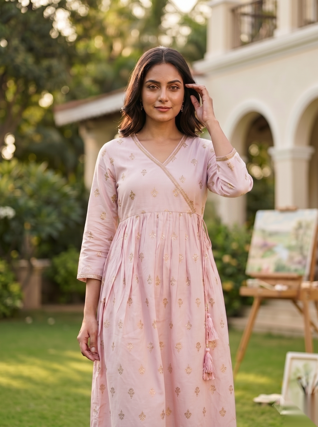 Cross Design Umberlla Kurti - Light pink