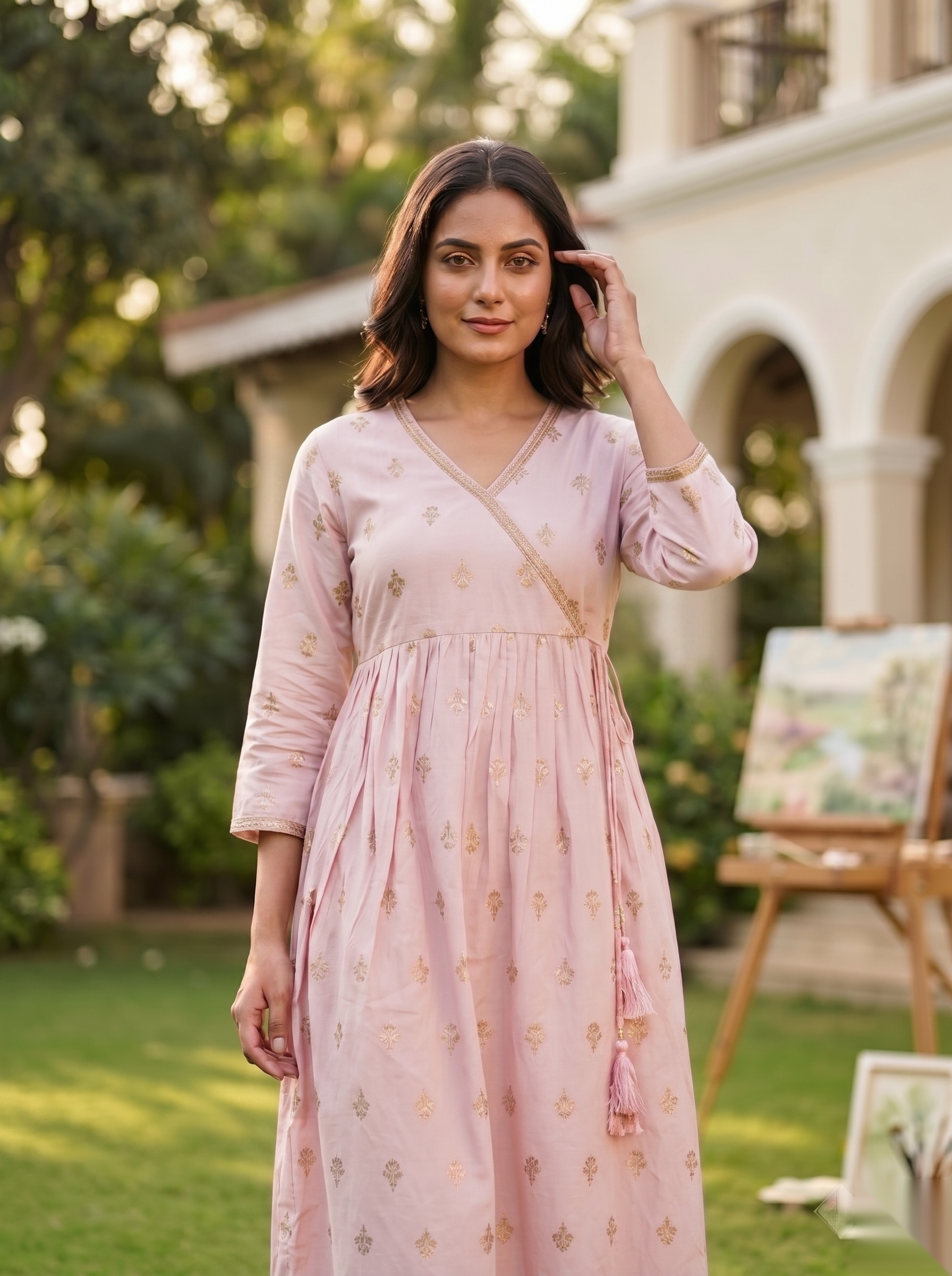 Cross Design Umberlla Kurti - Light pink