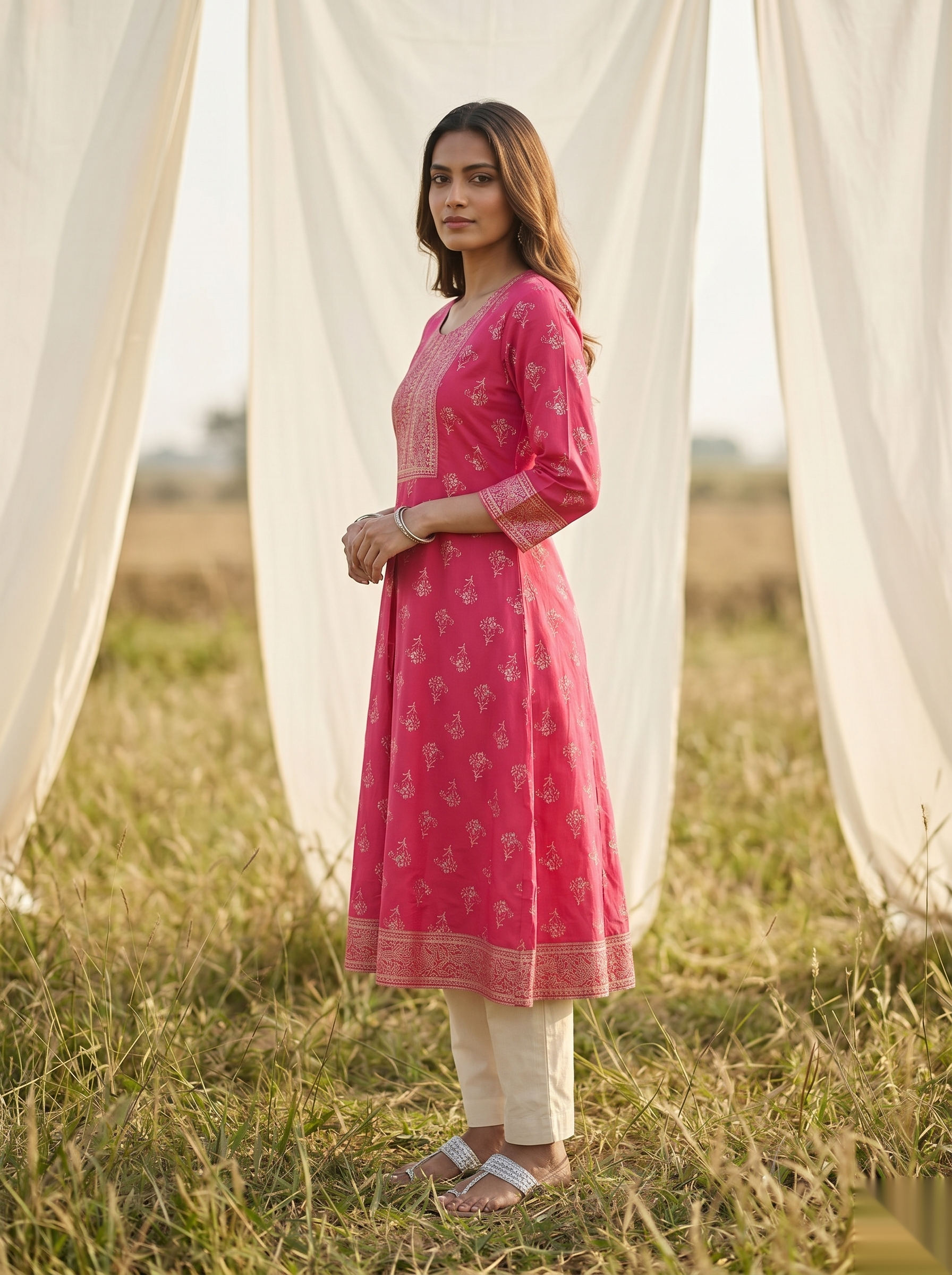 Elegent Umberlla kurti - Bright pink