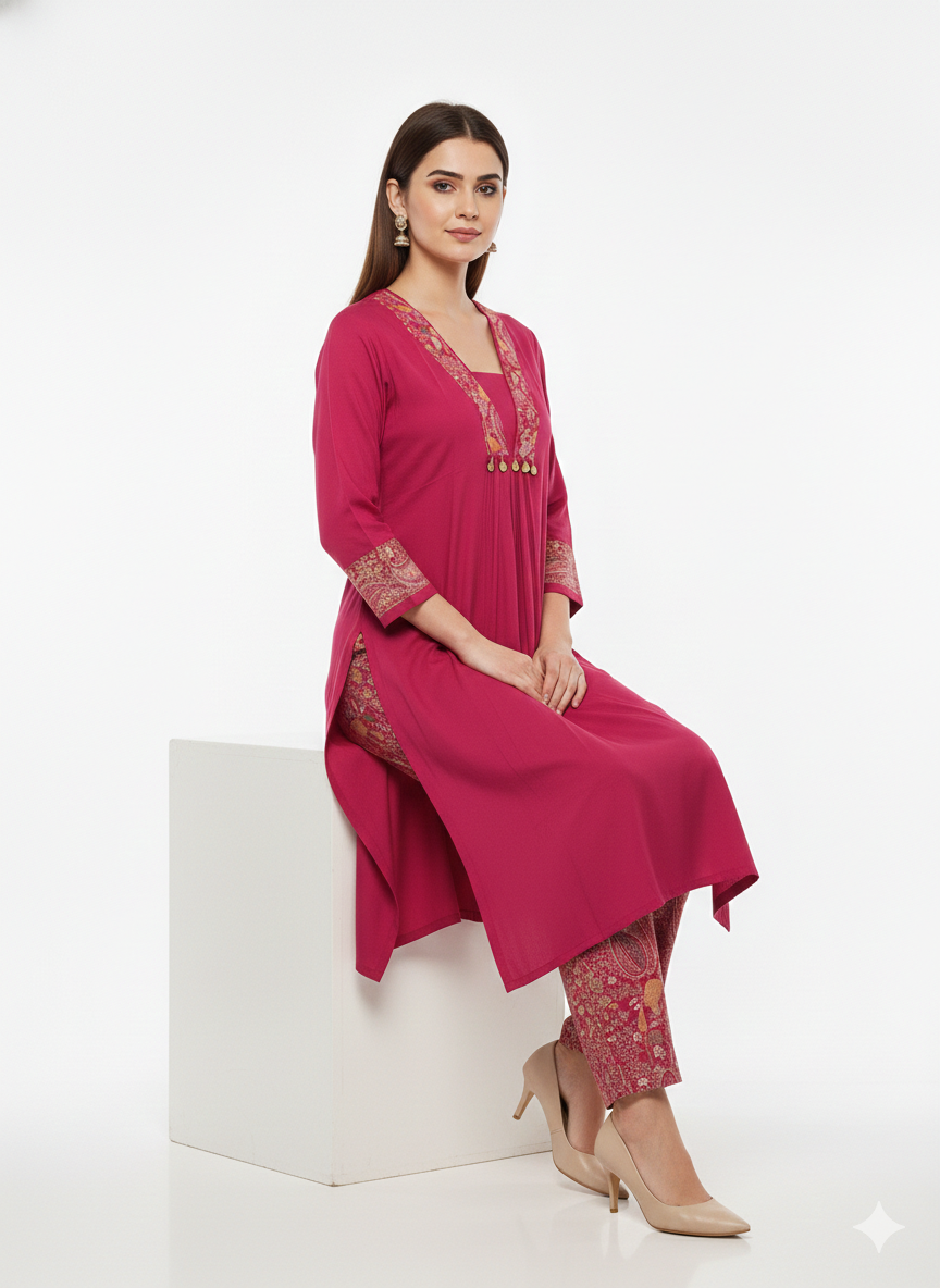 V- NECK PINK DESIGNER KURTI