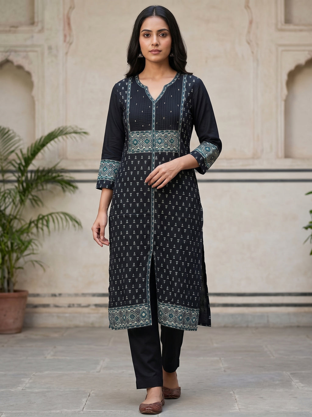Black V NeckPrinted Kurti