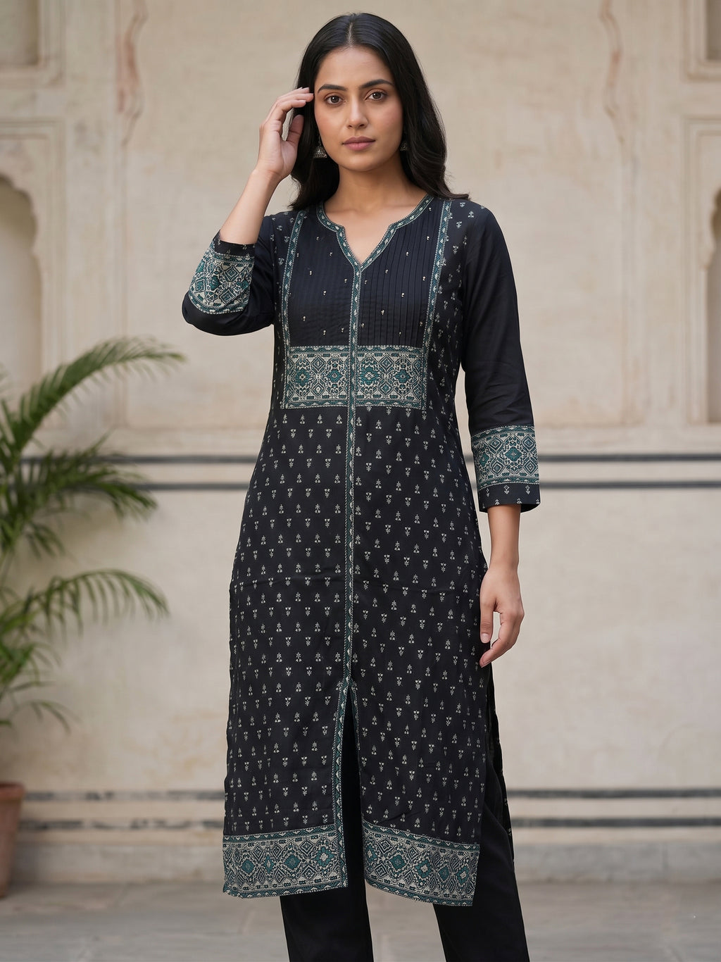 Black  V Neck white Embriodery Kurti