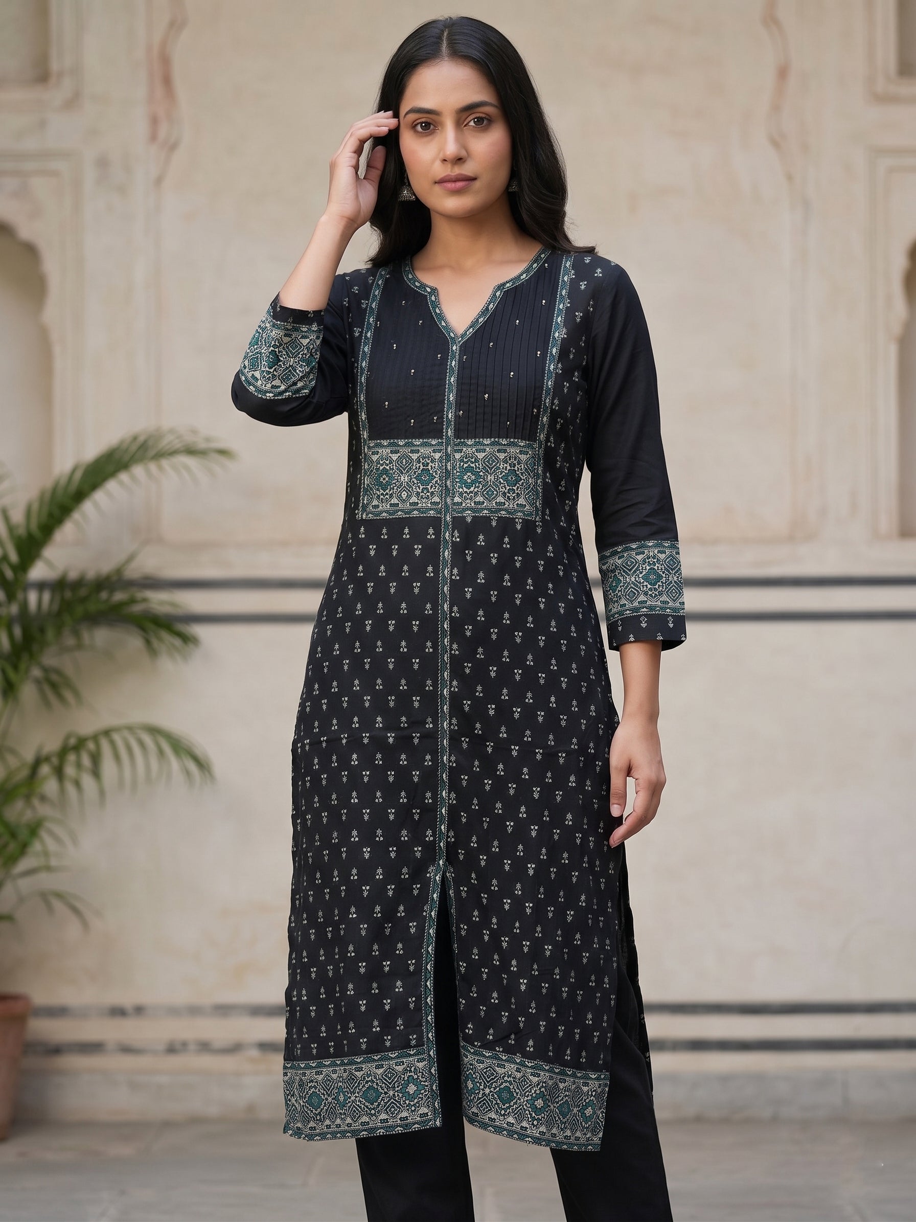 Black  V Neck white Embriodery Kurti