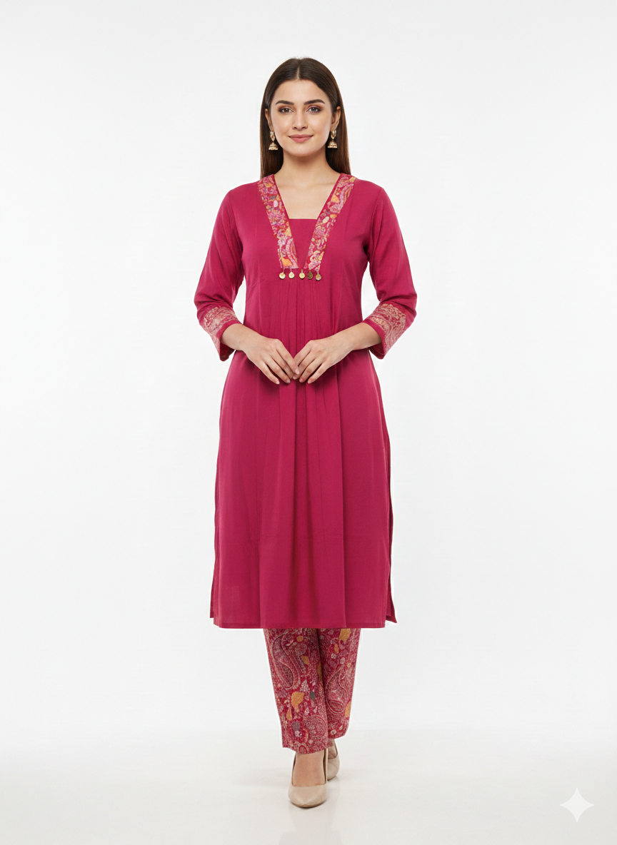 V- NECK PINK DESIGNER KURTI